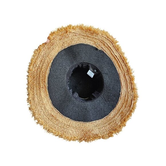 BCBGMAXAZRIA Black & Natural Frayed Brim Sun Hat 80% Paper 20% Raffia Womens - Picture 4 of 7